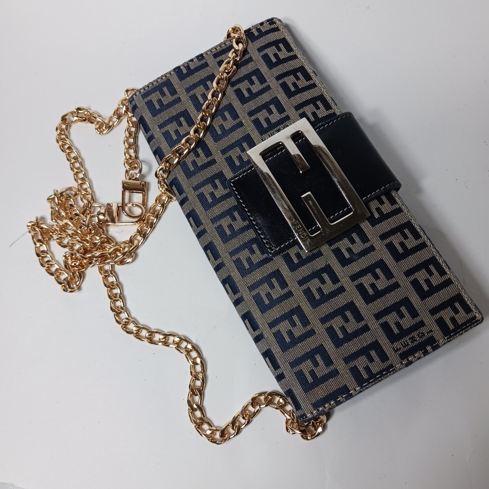 FENDI Zucchino canvas long wallet with button snap silver brass logo navy Blue - Picture 16 of 16